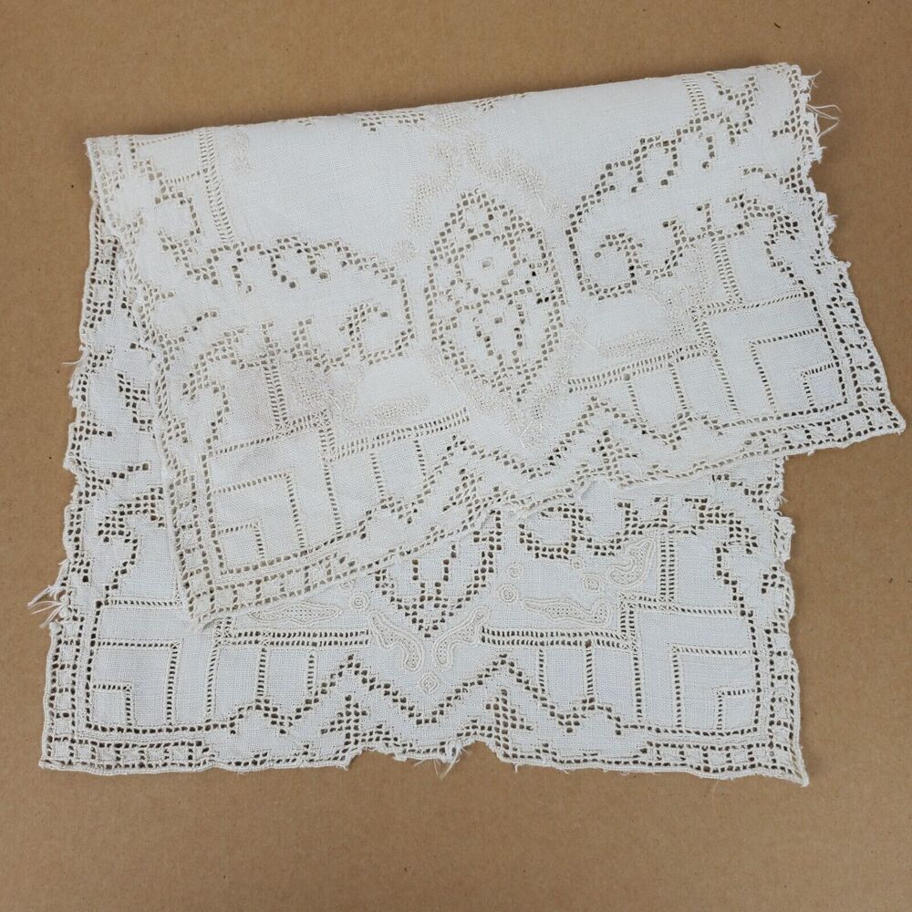 Vintage Embroidery w/ Cutouts Beige Dresser Doily Approx 9.5x15 Inch